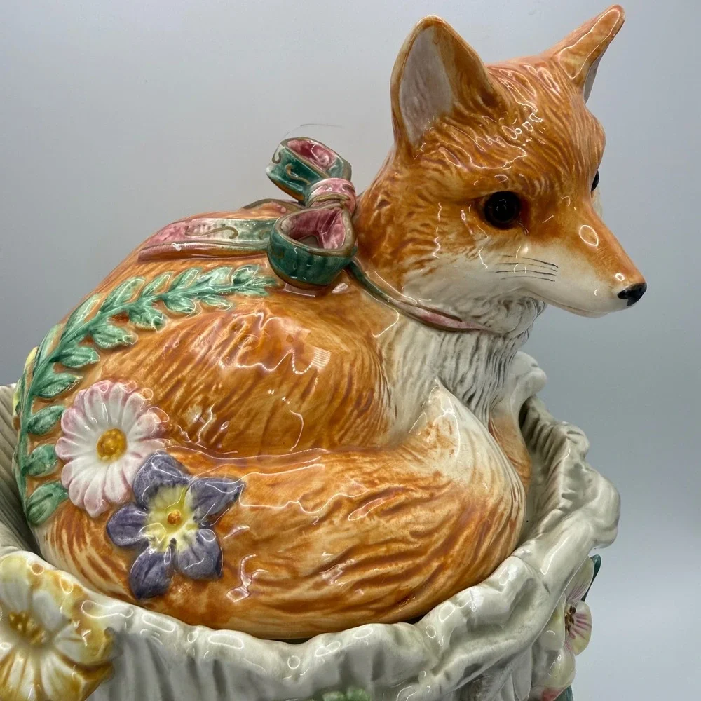 Fitz and Floyd Woodland Spring Fox Cookie Jar Vintage Tree Stump Cottagecore 10
